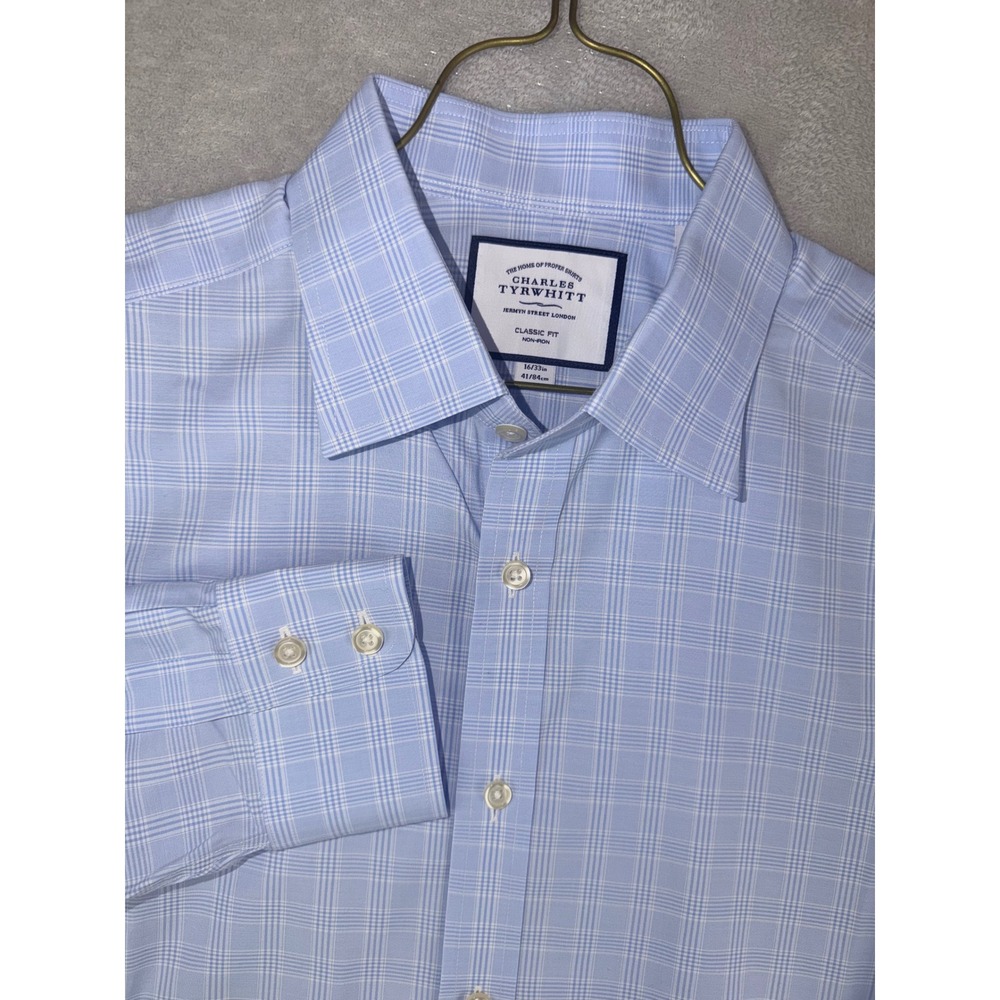 Charles Tyrwhitt Mens 16X33 Classic Fit Non-Iron Blue Glen Plaid Dress Shirt